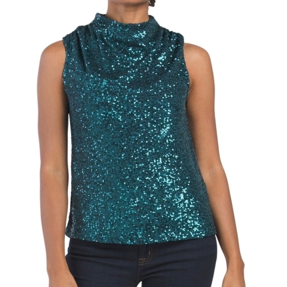 Cable & Gauge Women's XL Green Drape Neck Sequin Sleeveless Cap Sleeves Top NWT